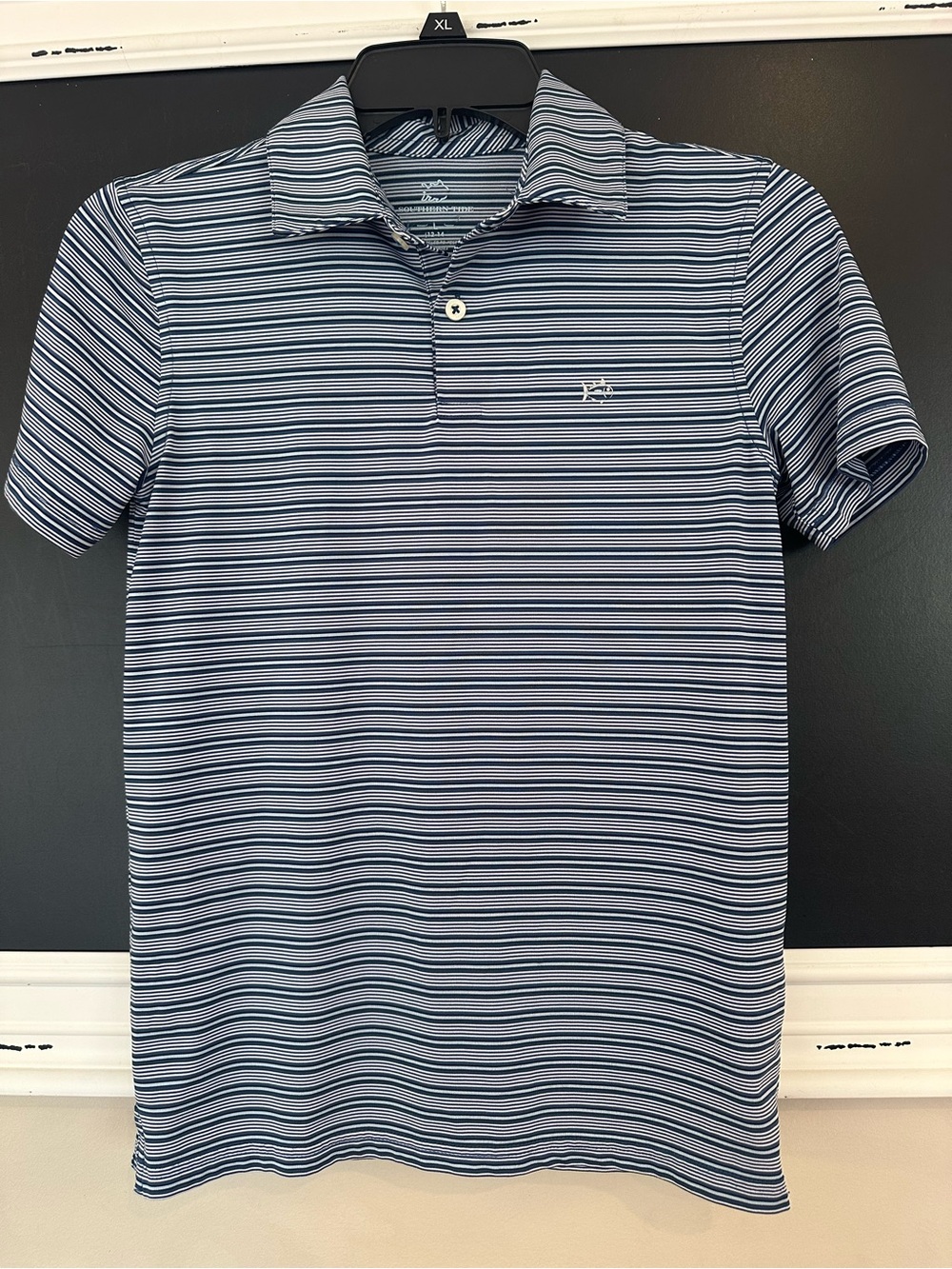 Southern Tide Boys Blue and White Striped Performance Polo Sz. L 12 - 14